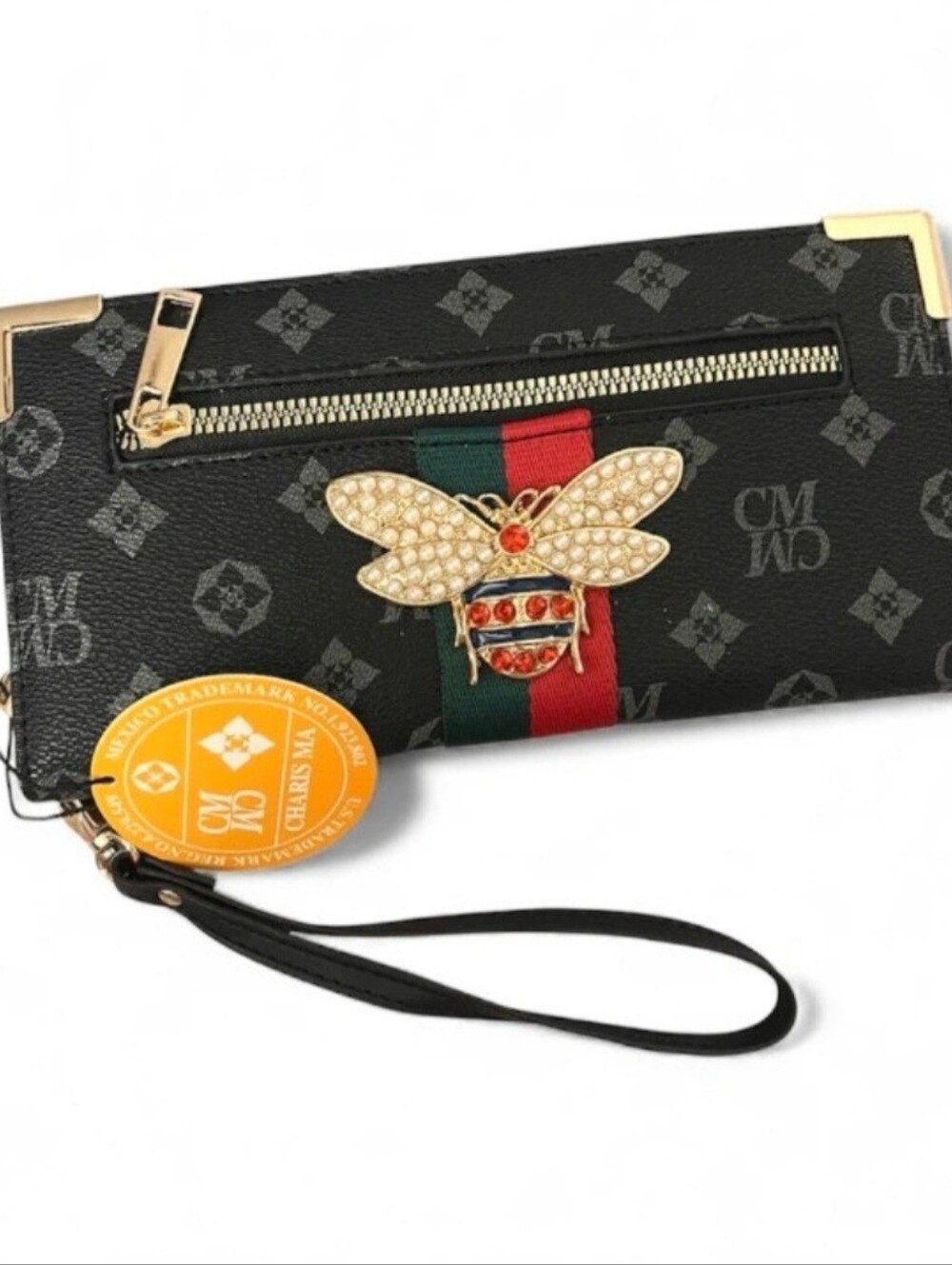 Monogram Stripe Gold-tone Details Jeweled Bee Faux Vegan Leather  Clutch Wristle